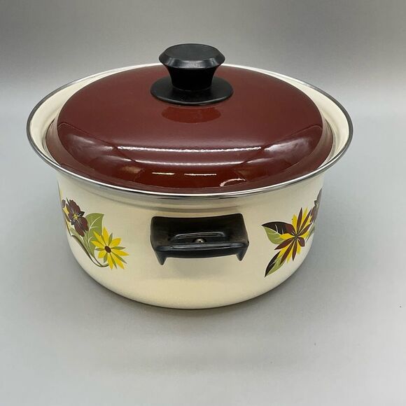 70s Floral Enamel Ware Dutch Oven Stock Pot Double Handle MCM - Picture 3 of 9